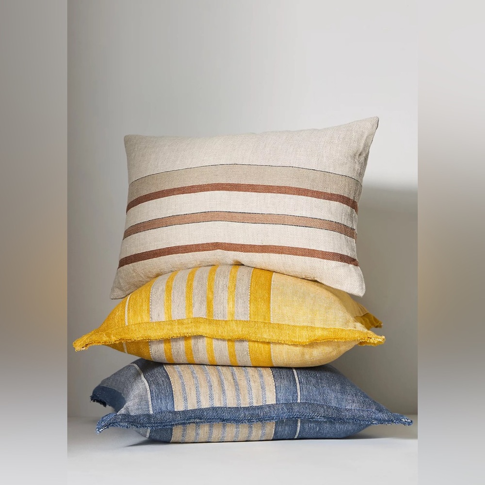 Anthropologie QUINN LINEN STRIPE PILLOW 4545G542AA Blue Yellow 20" X 20"